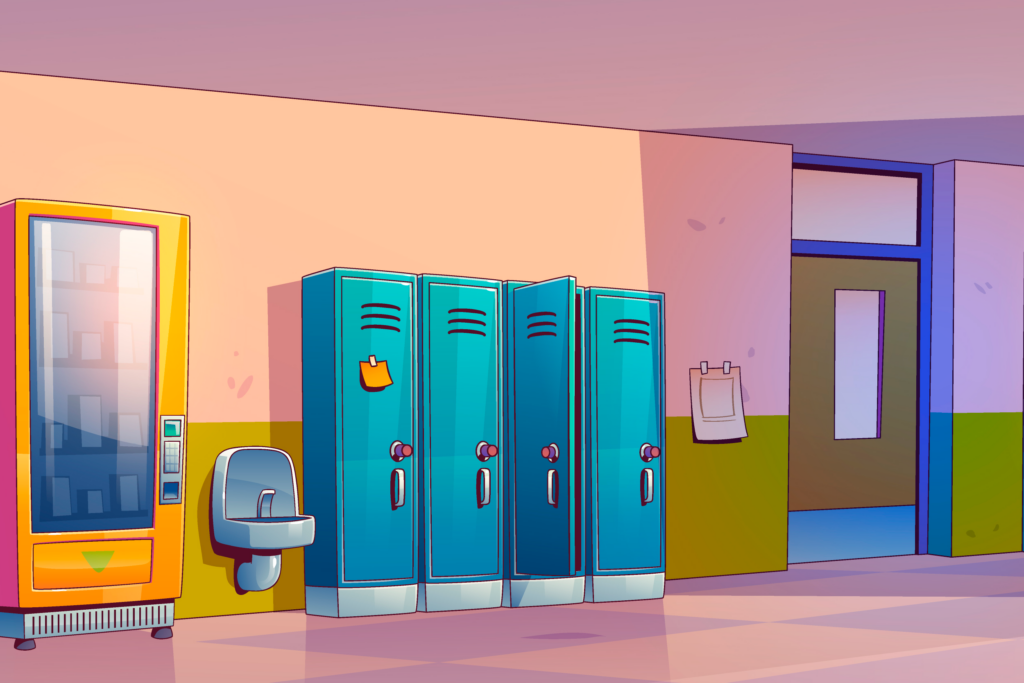 Vending machine hallway with lockers and guide to secure locations.
