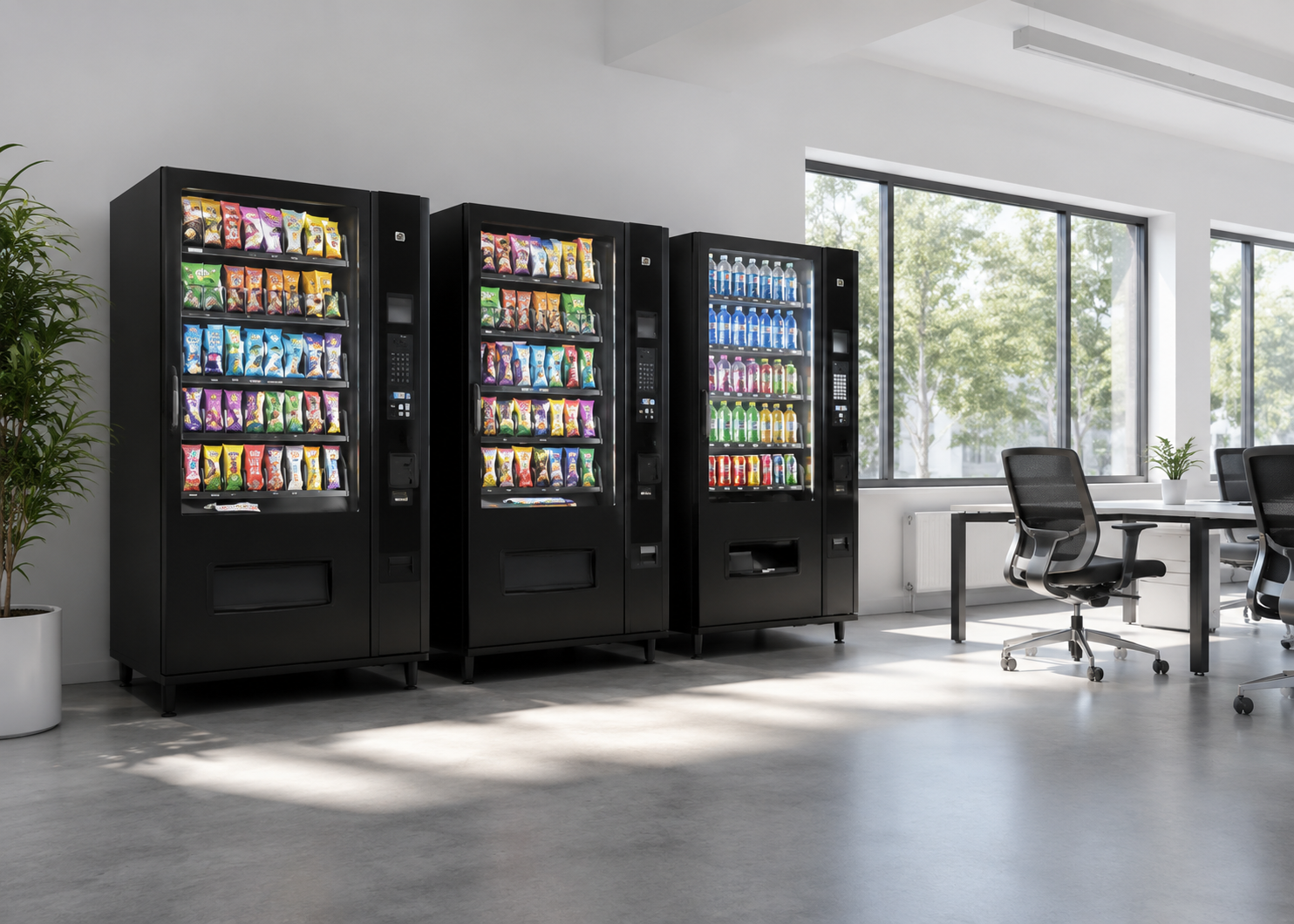 Vending machines beside lounge seating in an office break area