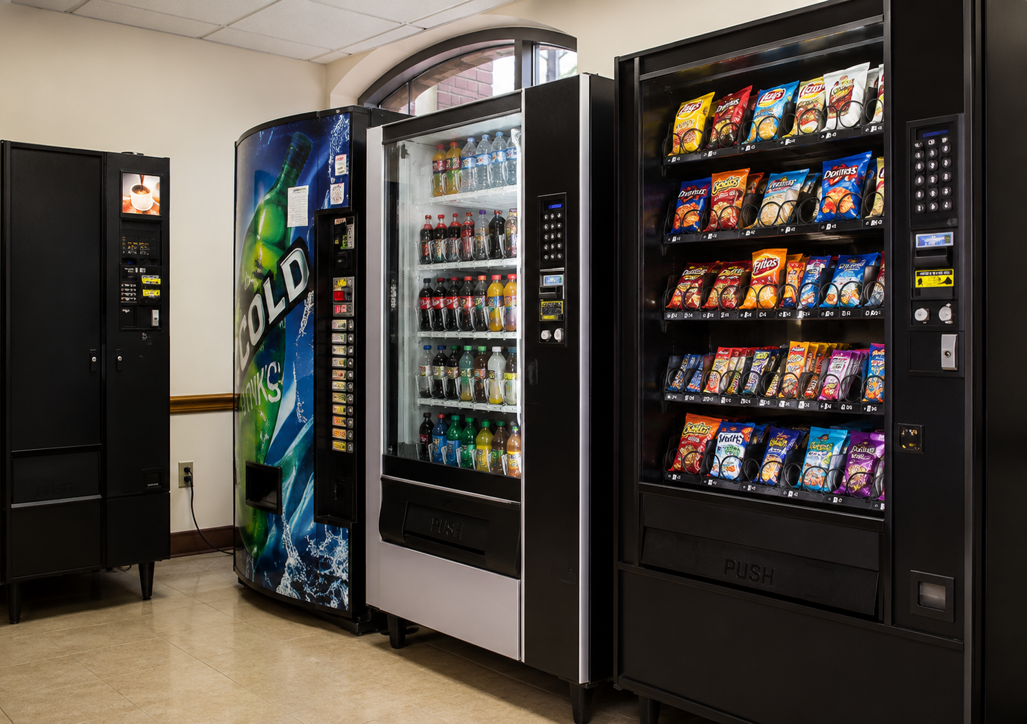 Three black vending machines lined up in a sunlit office